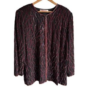 Vintage Sequin Evening Jacket Sz 1X Black Red Cocktail Party Sparkle Event EUC